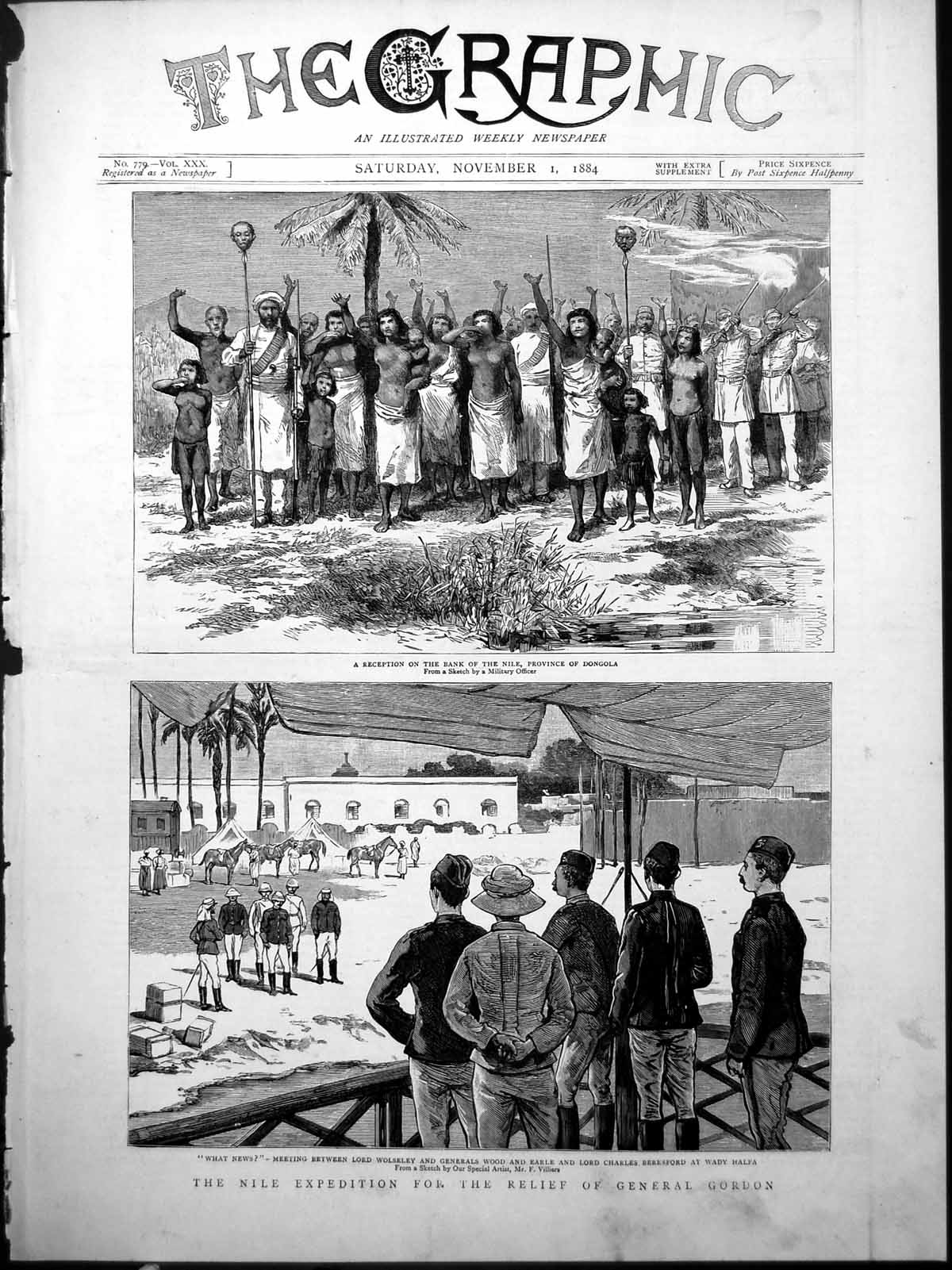 Old Print Nile Expedition Reception Dongola Lord Wolseley Wood Earle 1884 19th