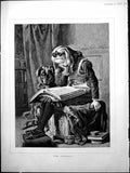 Old ?The Students? Girl Studying Book Dog Watching Carved Stool 1884 Victorian