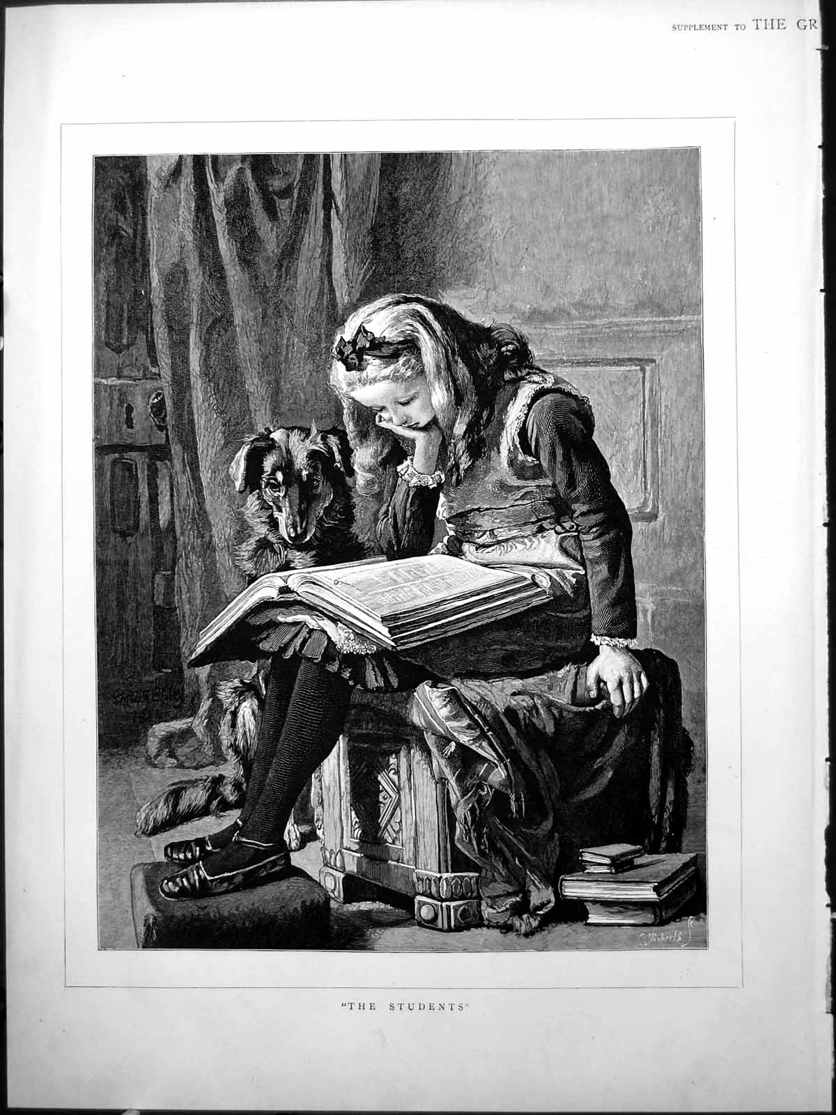 Old ?The Students? Girl Studying Book Dog Watching Carved Stool 1884 Victorian