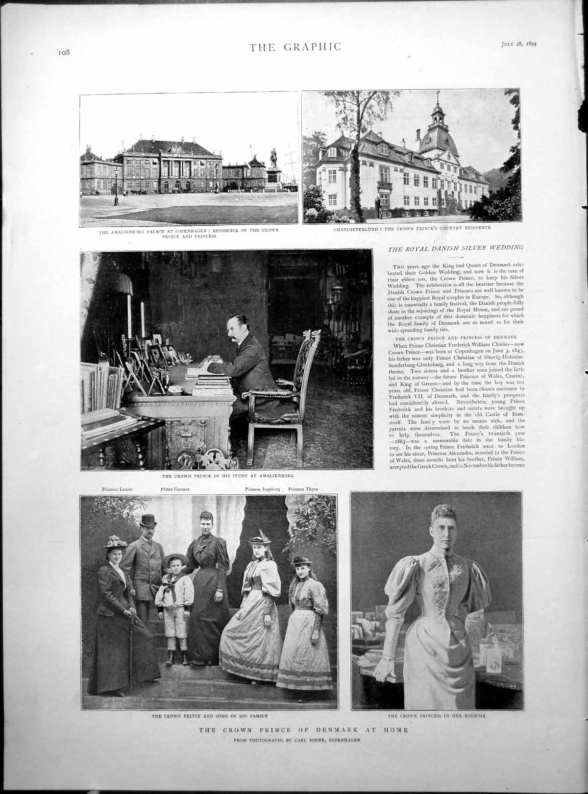 Antique Old Print Crown Prince Denmark Amalienborg Submarine Telegraphy 1894