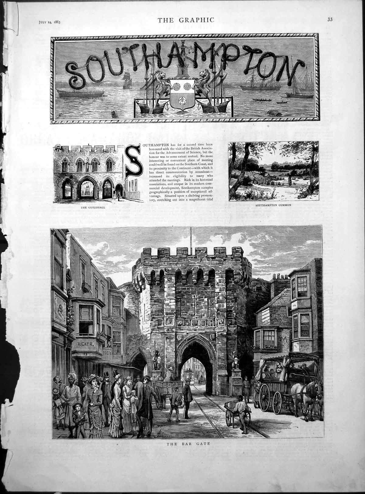 Antique Print Southampton Bar Gate Guildhall Common Royal Pier Saxon 1883 19th