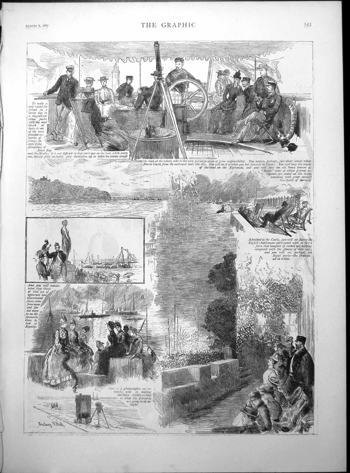 Antique Print Boat Trip Cowes Alum Bay Needles Yachts Castle Osborne 1887 19th