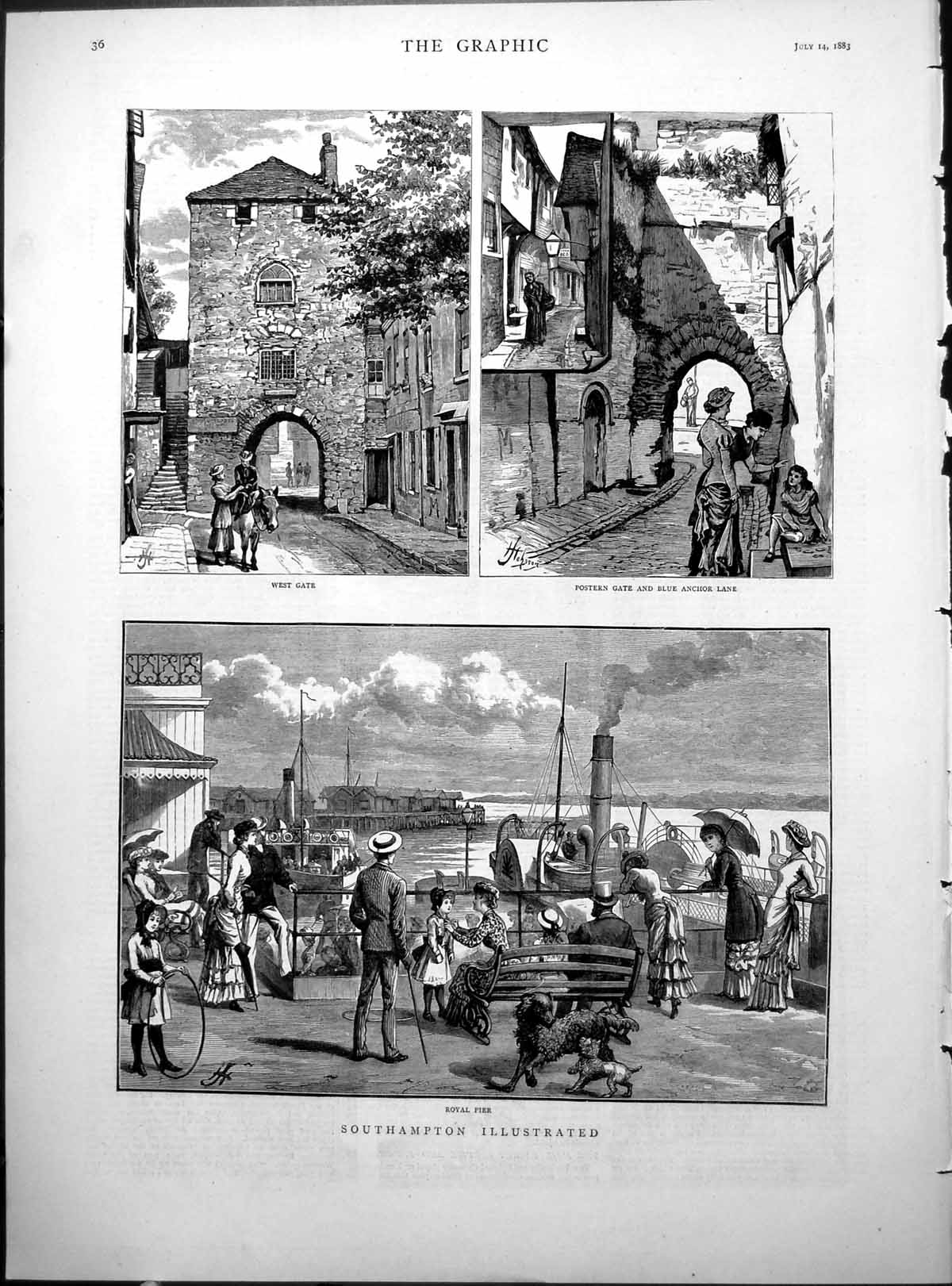 Antique Print Southampton West Gate Royal Pier Remains Canutes Palace 1883