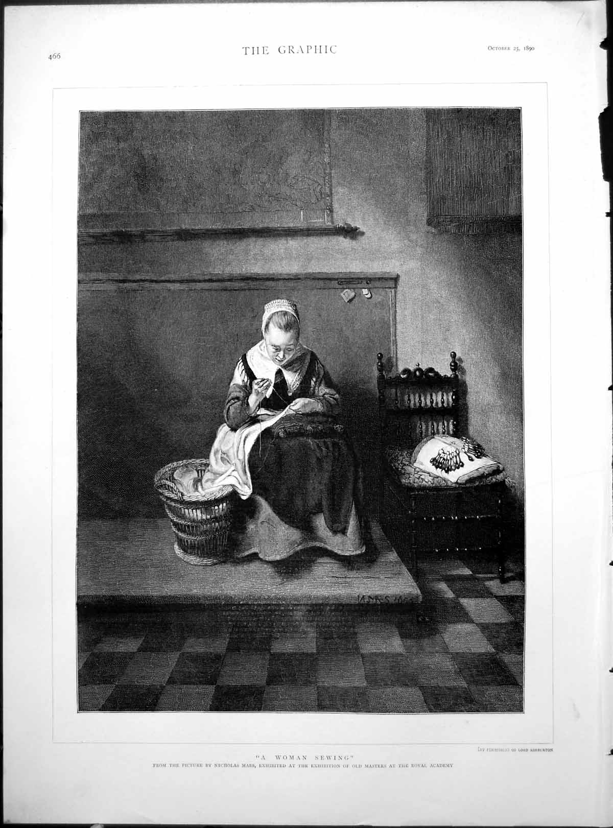 Old Print Woman Sewing Nicholas Maes Princess Victoria Prince Adolf 1890 19th