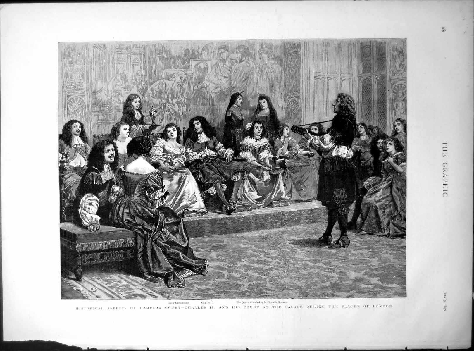 Antique Print Charles 11 Court Palace Hampton Court Plague Woodpecker 1890