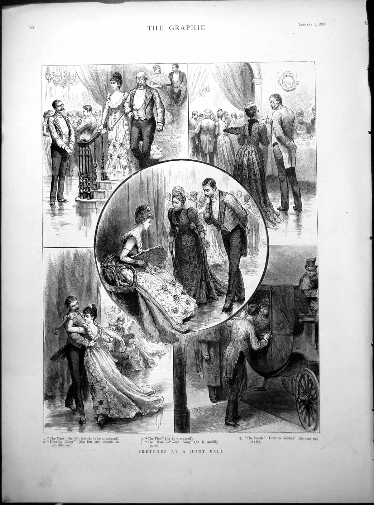 Old Print Sketches Hunt Ball Introduction Gone Ground Sir J Pope Hennessy 1891