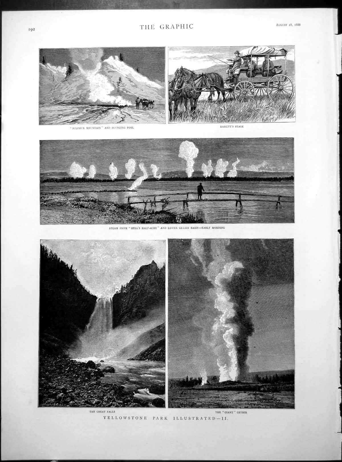 Antique Old Print Yellowstone Park Giant Geyser Cleopatra Hot Springs 1888