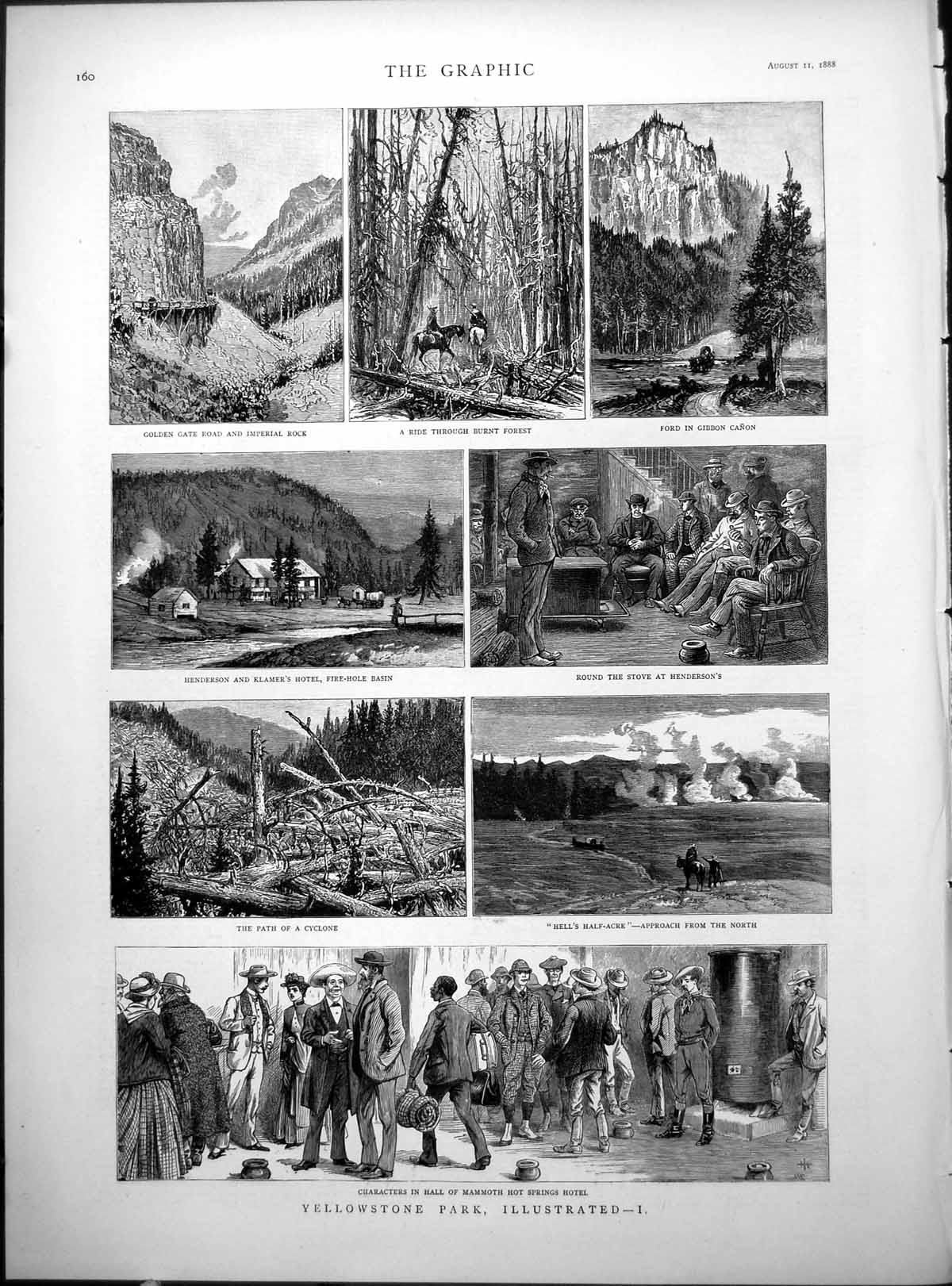 Old Print Yellowstone Park Hot Springs Hotel Giant Geyser Eruption 1888 19th