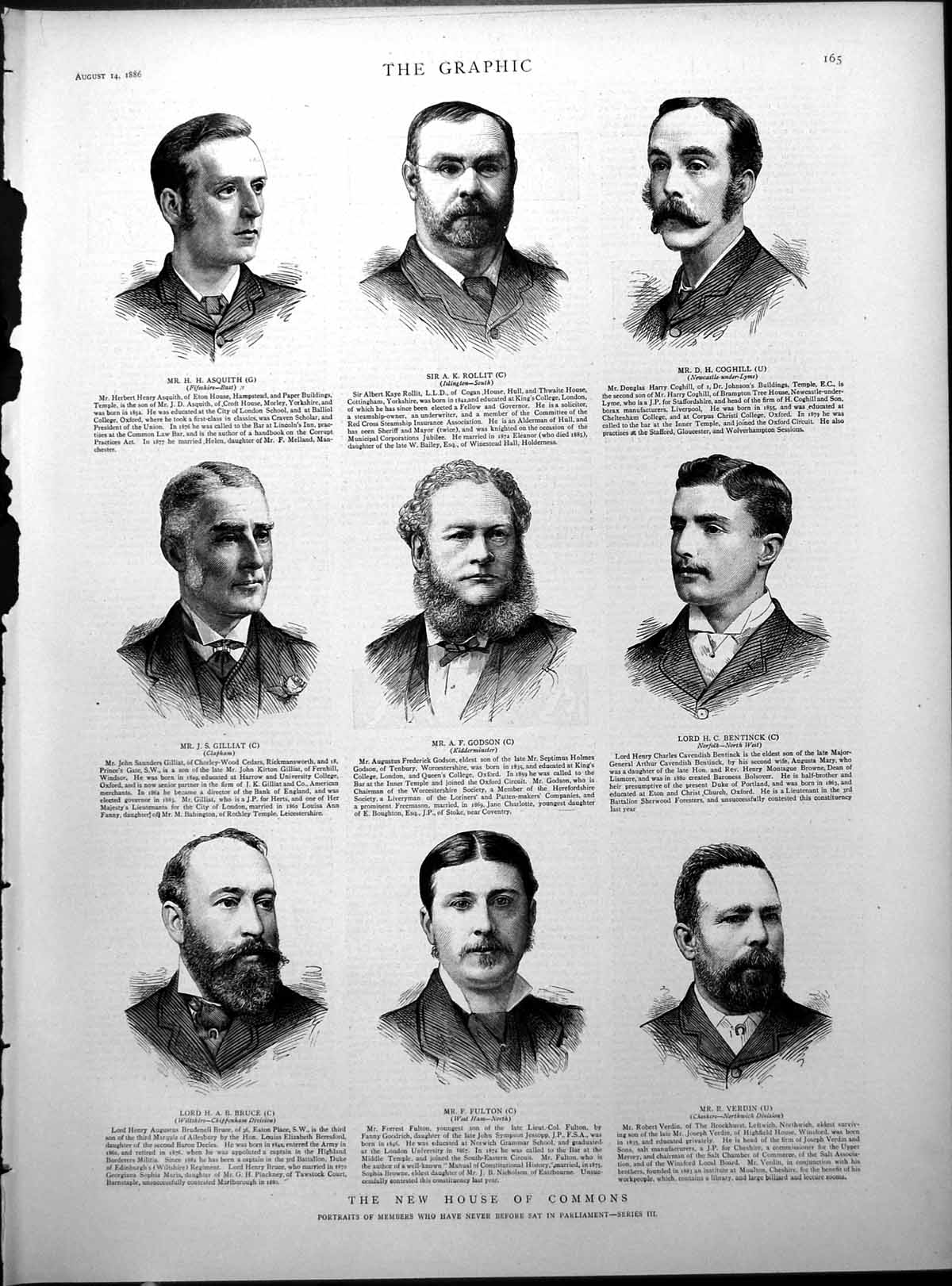 Antique Print New House Commons Asquith Rollit Coghill Gilliat Godson 1886 19th