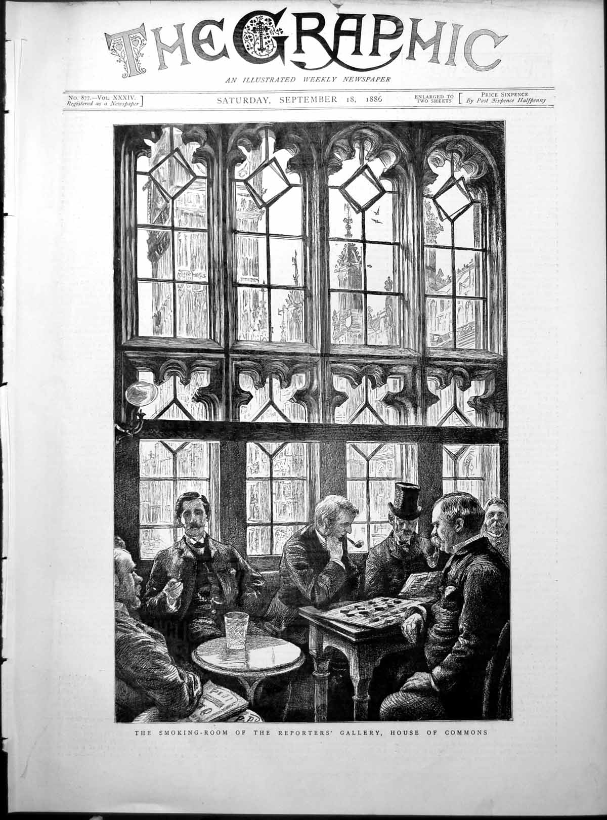 Original Old Antique Print Smoking Room Reporters Gallery House Commons 1886