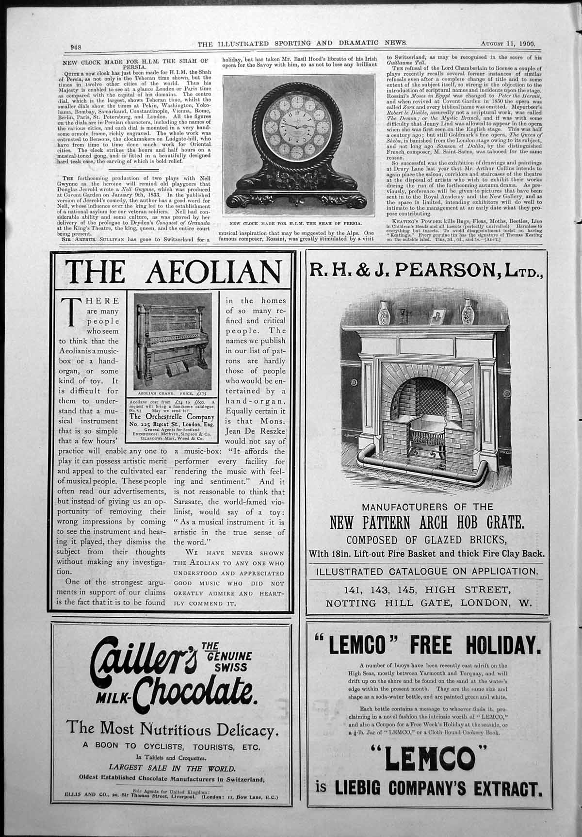 Antique Print New Clock H I M Shah Persia R & J Pearson Arch Hob Grate 1900