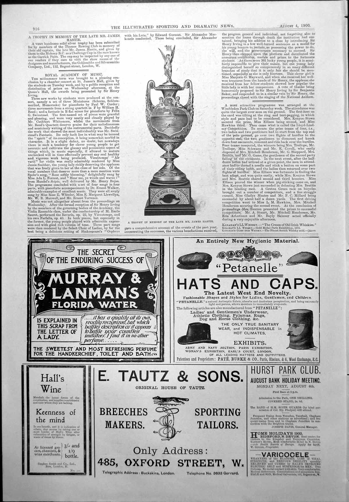 Old Print Trophy Memory James Hastie Petanelle Hats Caps Halls Wine 1900 20th