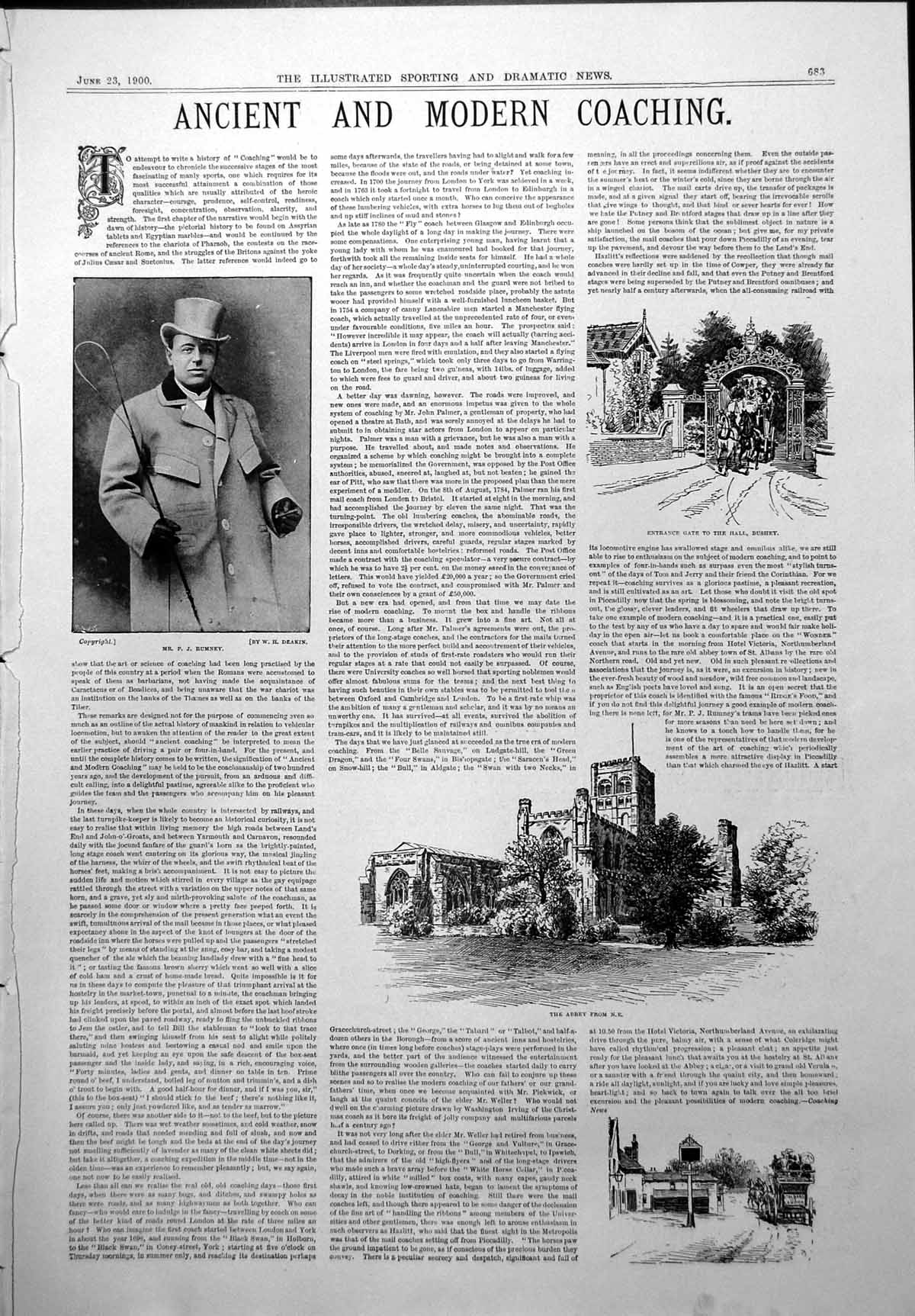 Antique Print Ancient Modern Coaching P Rumney Gate Hall Bushey Abbey 1900 20th