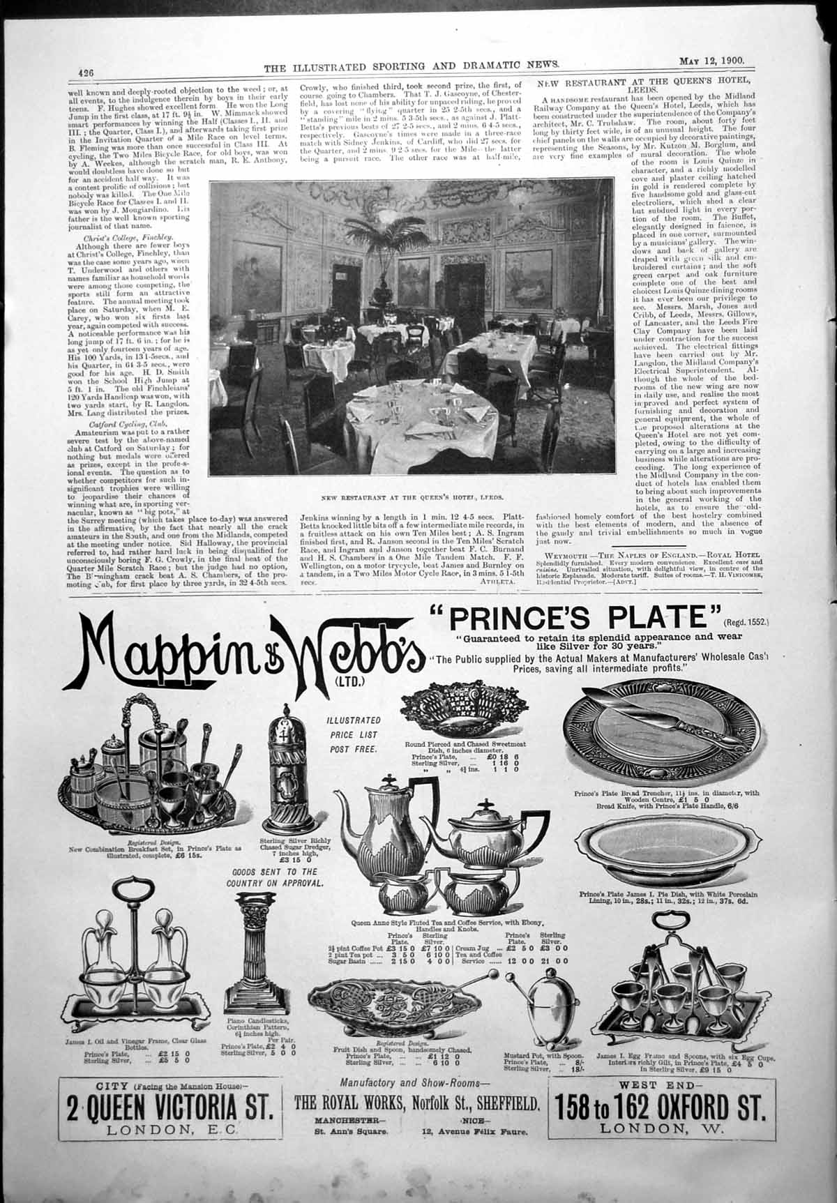 Old New Restaurant Queens Hotel Leeds Mappin & Webbs Princes Plate1900 20th