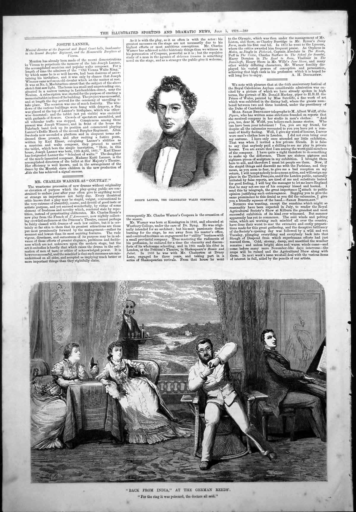 Antique Print Joseph Lanner Composer Back From India German Reeds Ring 1879