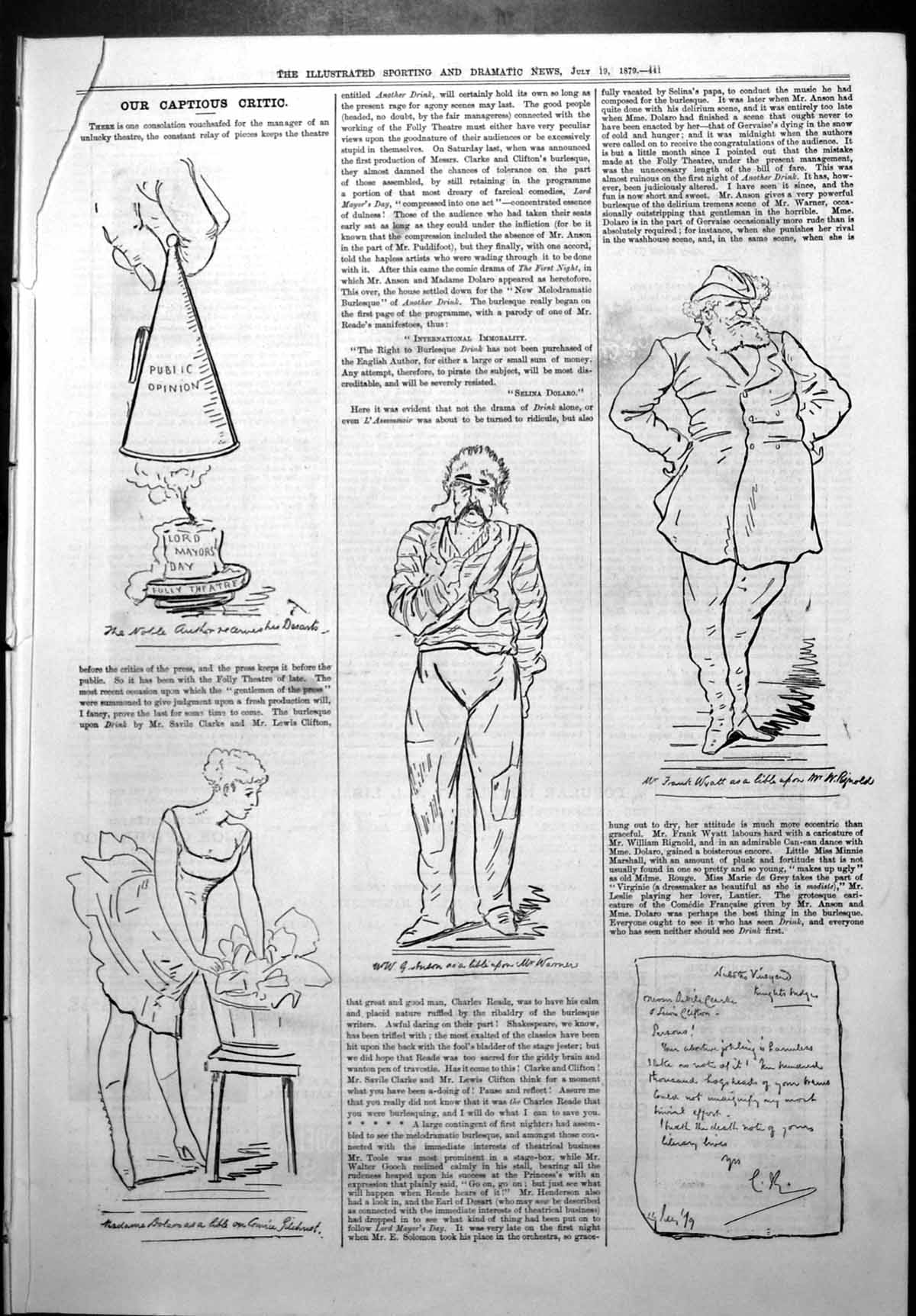 Old Print Captious Critic Lord Mayors Day Folly Theatre Frank Wyatt 1879 19th