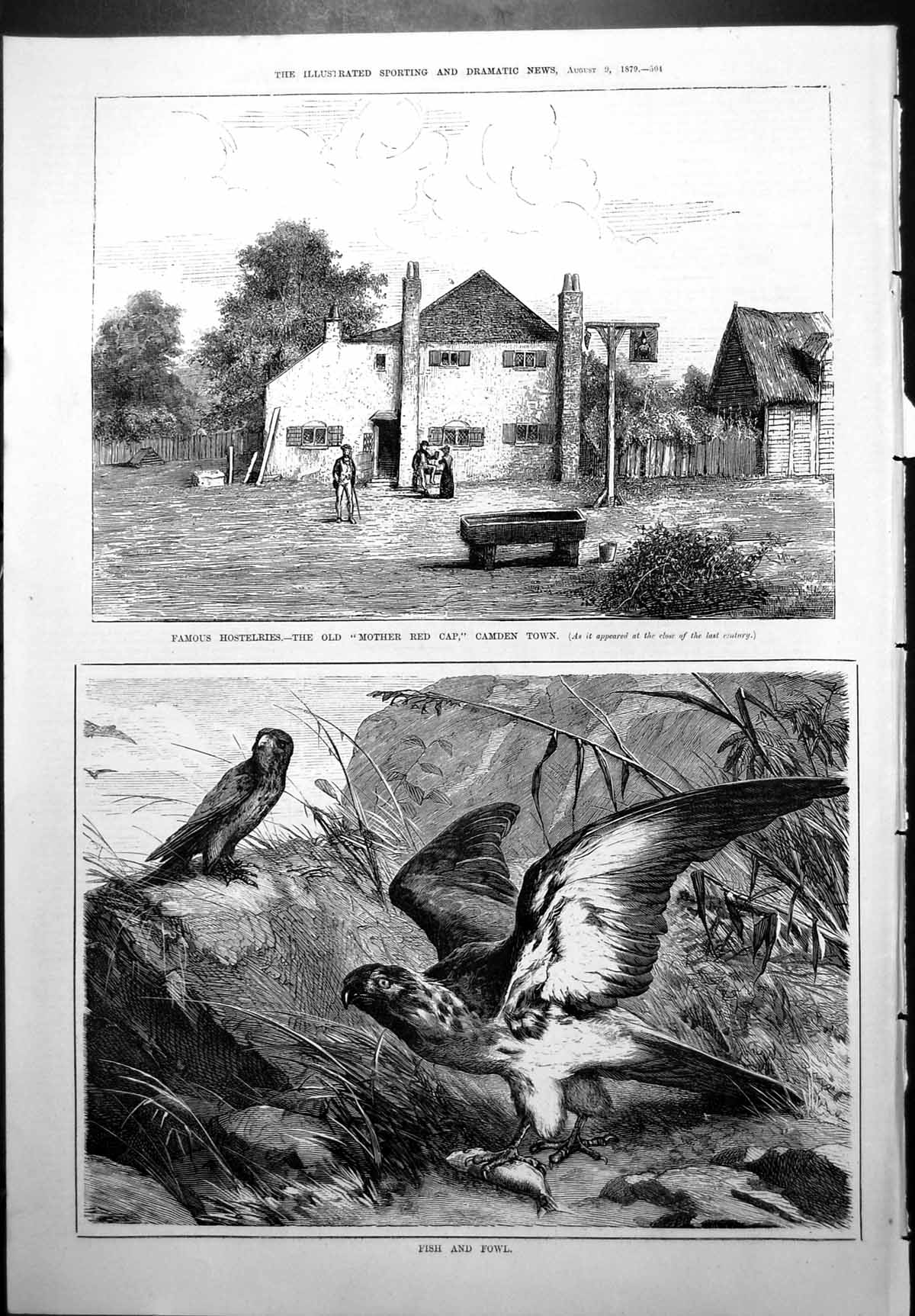 Antique Old Print Famous Hostelries Mother Red Cap Camden Town Fish Fowl 1879