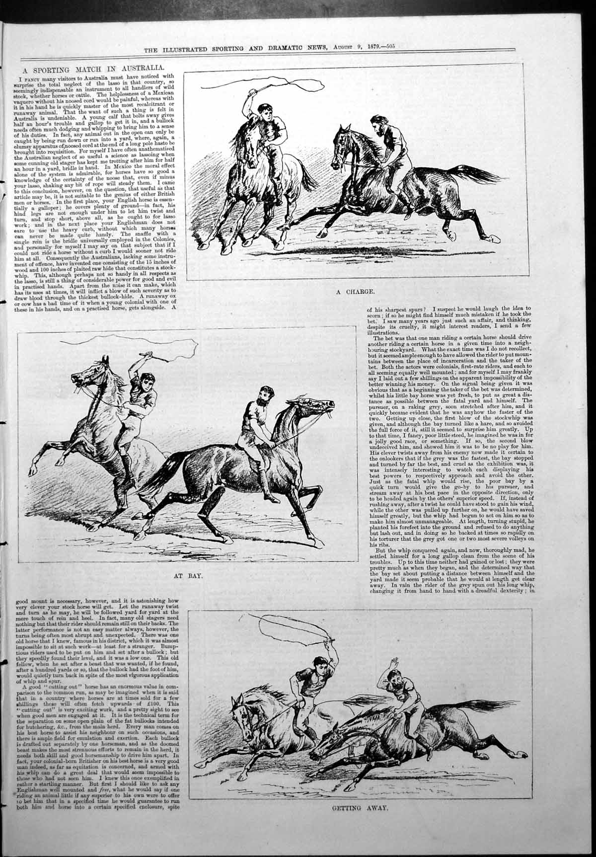 Antique Print Sporting Match Australia Horses Charge Bay Getting Away 1879 19th