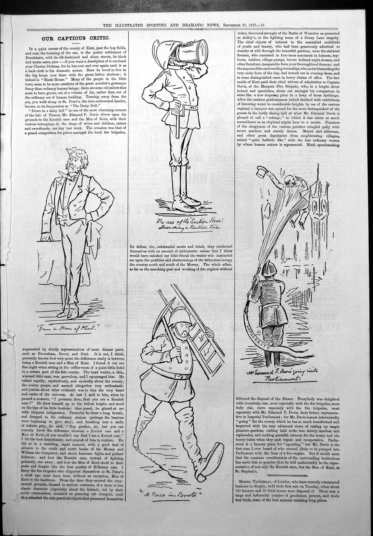 Old Print Captious Critic Broadstairs Kent Man Fireman Edmund Davis 1879 19th