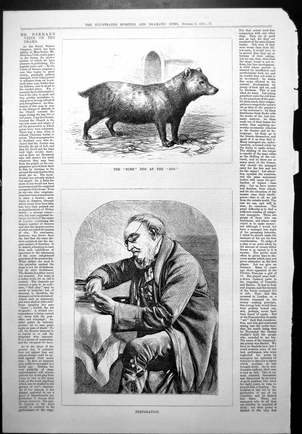 Old Antique Print Bush Dog Zoo Hermann Vezin Drama Actor Preparation 1879 19th