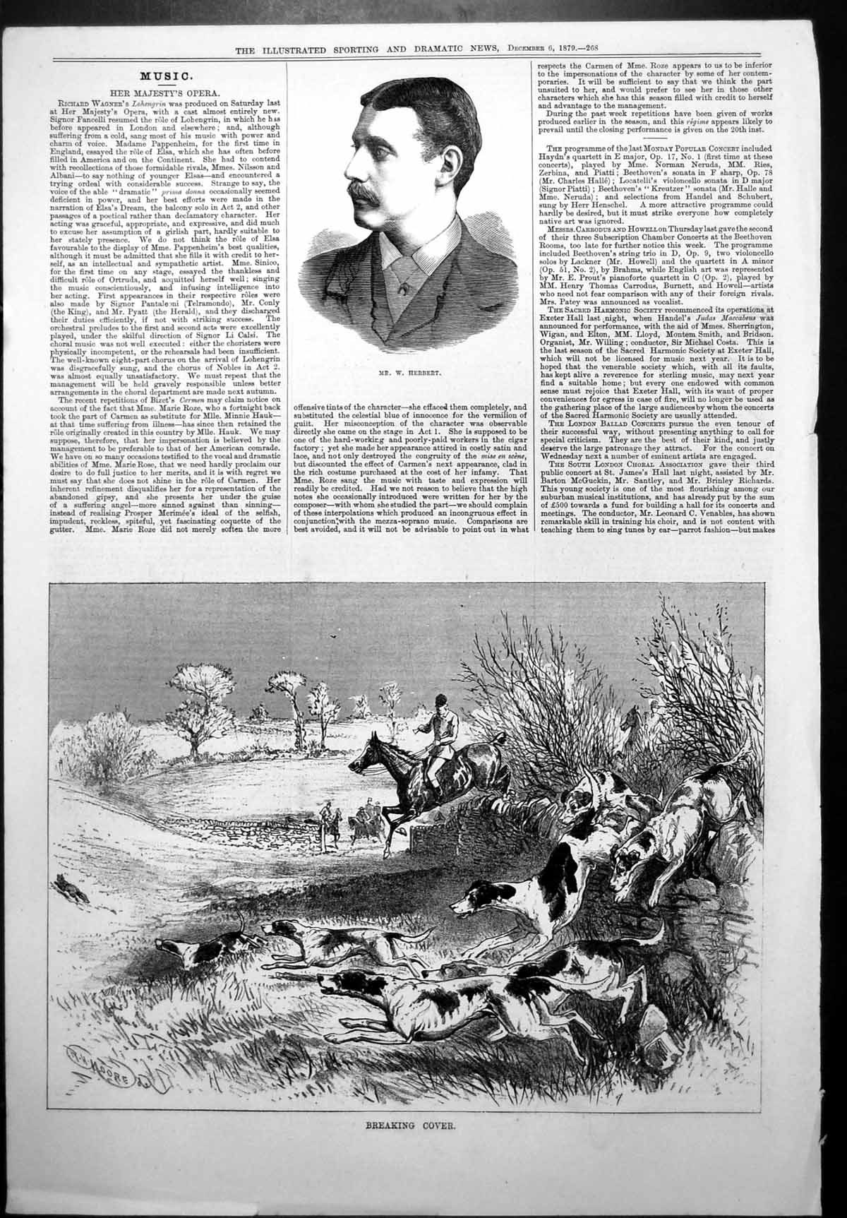 Antique Print Mr W Herbert Music Breaking Cover R H Moore Horse Hounds 1879