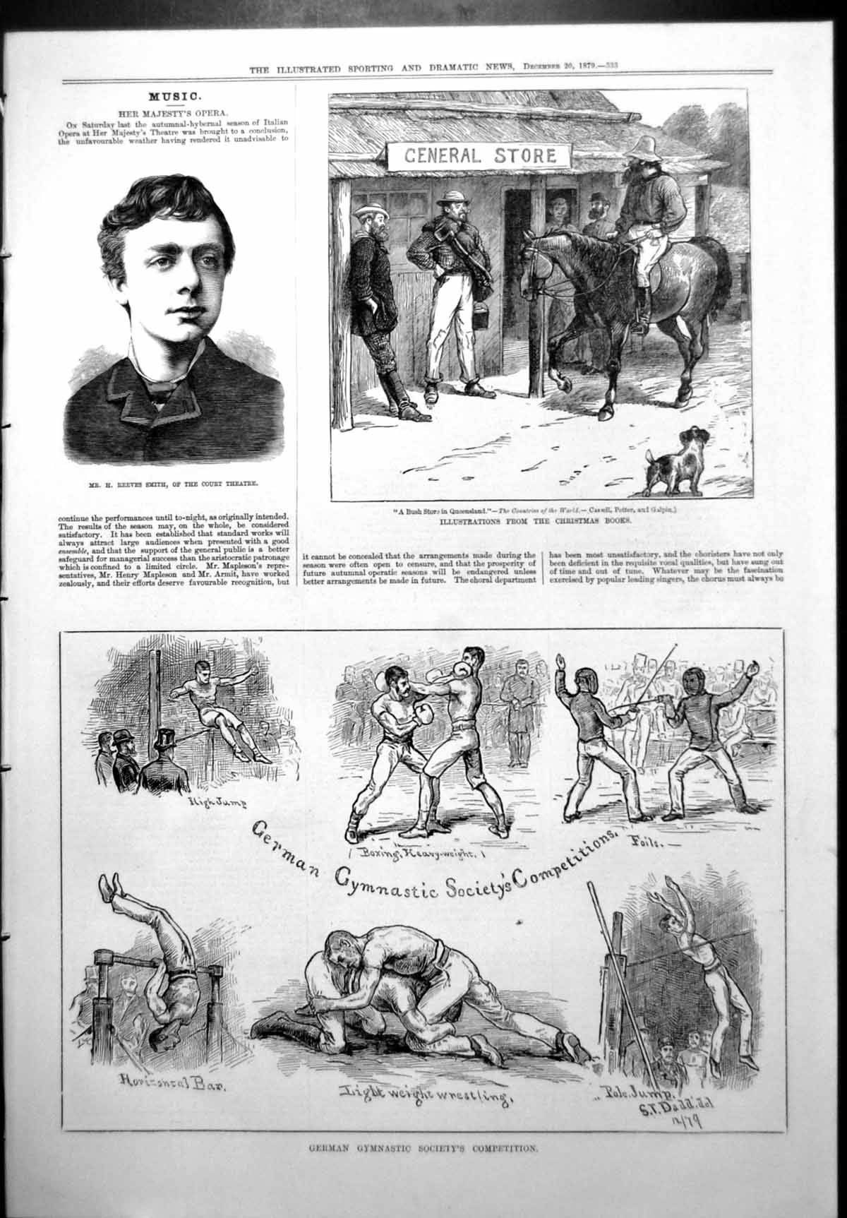 Old Print H Reeves Smith Court Theatre German Gymnastics Bush Store 1879 19th