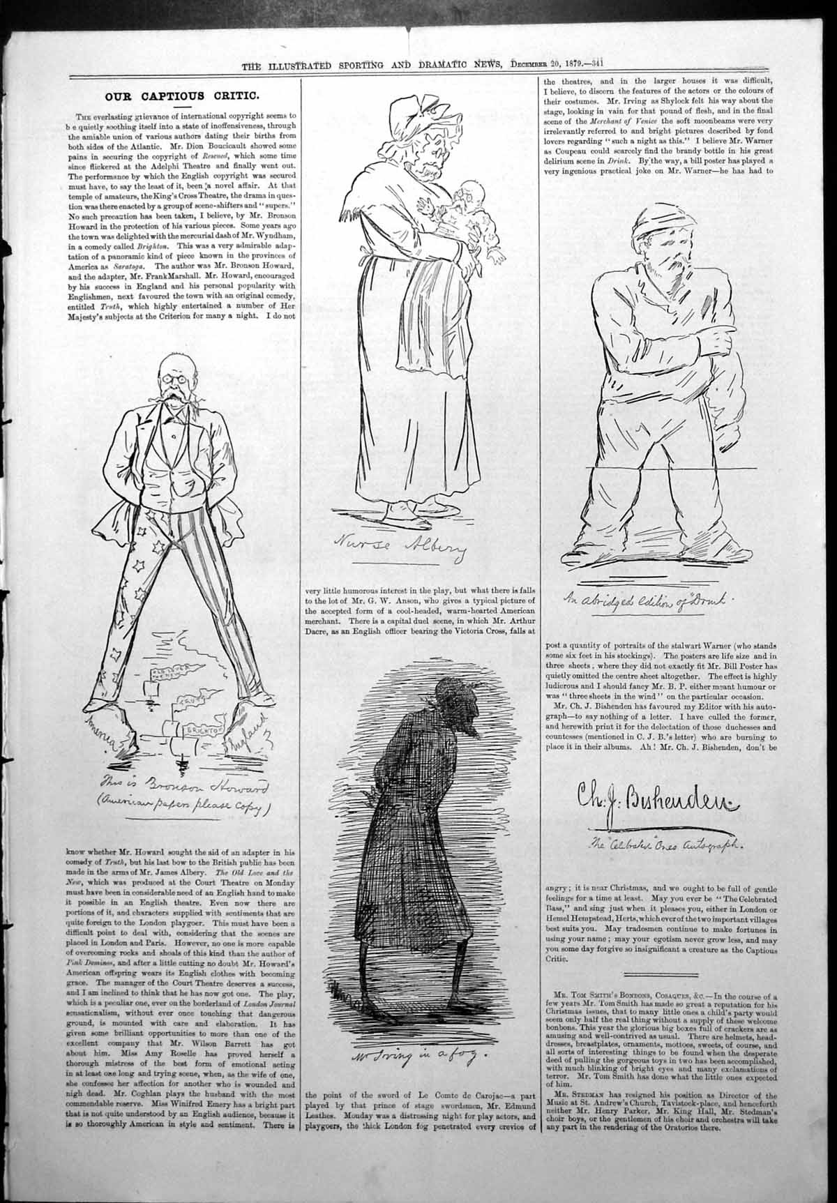 Antique Old Print Captious Critic Bronson Howard Mr Irving Fog Saratoga 1879