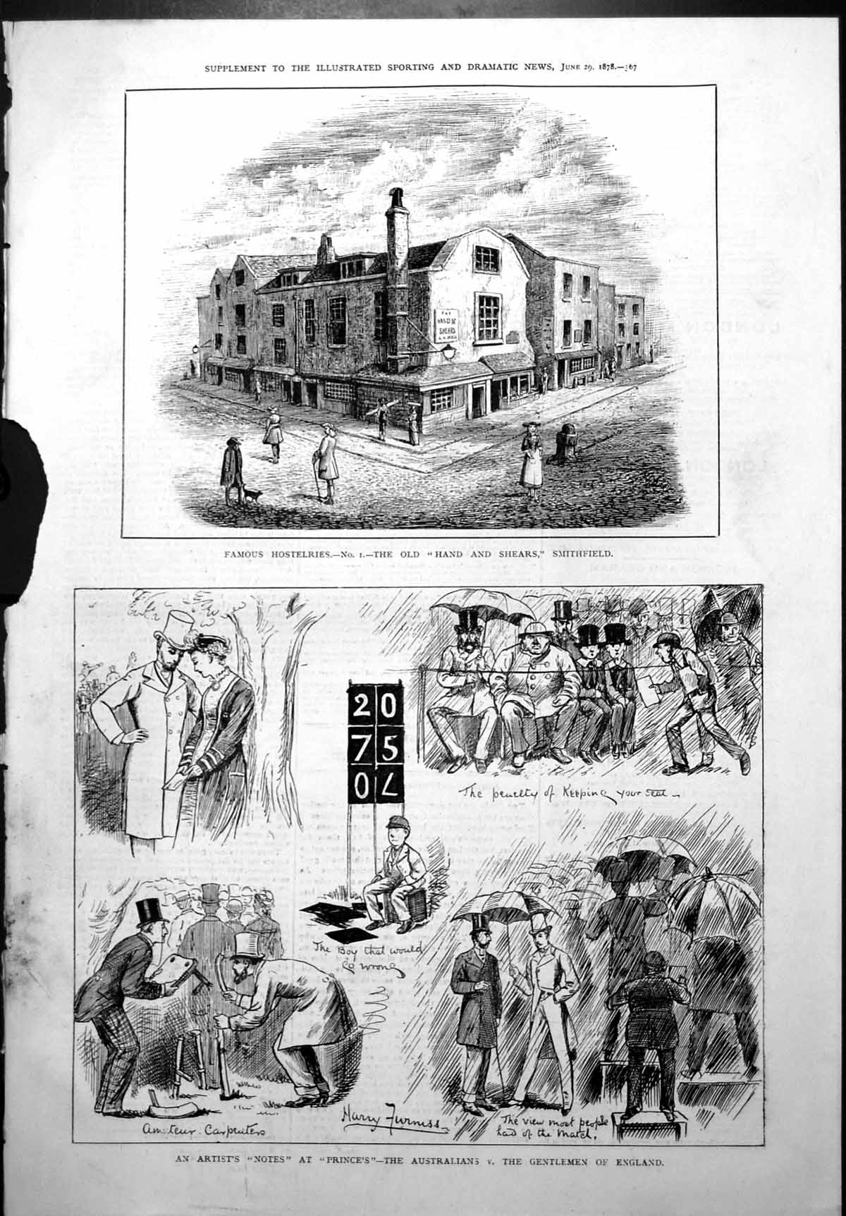 Old Print Hand & Shears Smithfield Match Princes Australians England 1878 19th