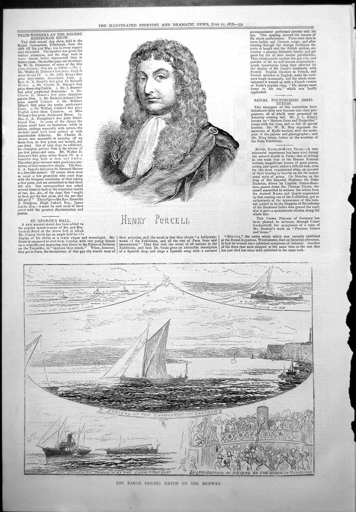 Old Print Henry Purcell Barge Sailing Match Medway Conqueror Chatham 1878 19th