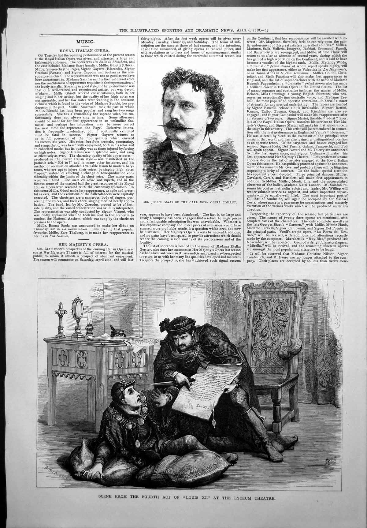 Old Print Joseph Maas Carl Rosa Opera Co Scene ActLouis X1 Lyceum 1878