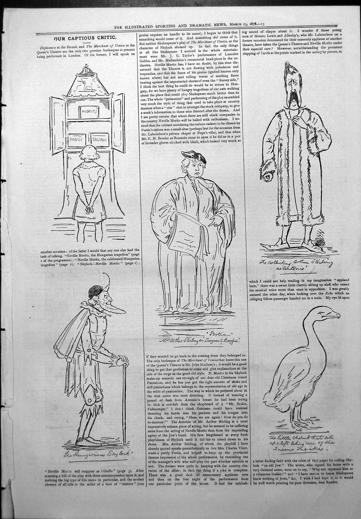 Old Print Captious Critic Dipluancy Merchant Venice Arthur Stirling 1878 19th