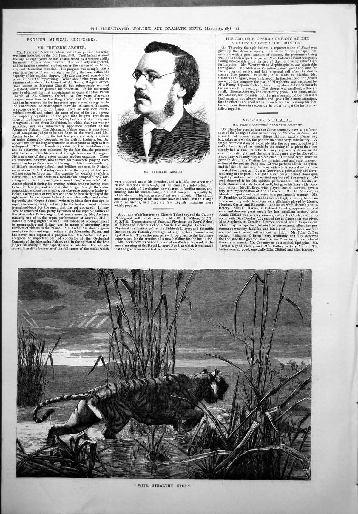 Antique Print Mr Federic Archer Musical Composer Stealthy Step Lepoard 1878