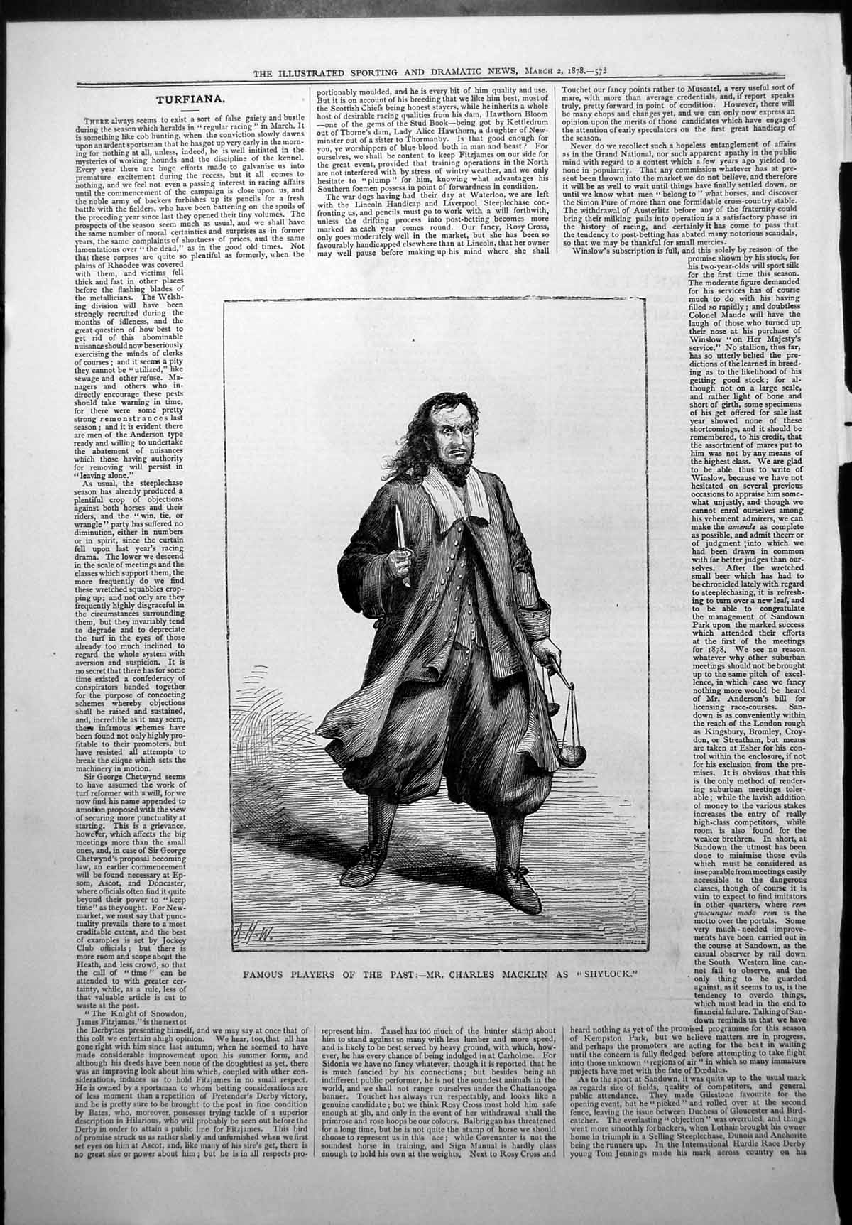 Original Old Antique Print Famous Players Past Mr Charles Macklin Shylock 1878