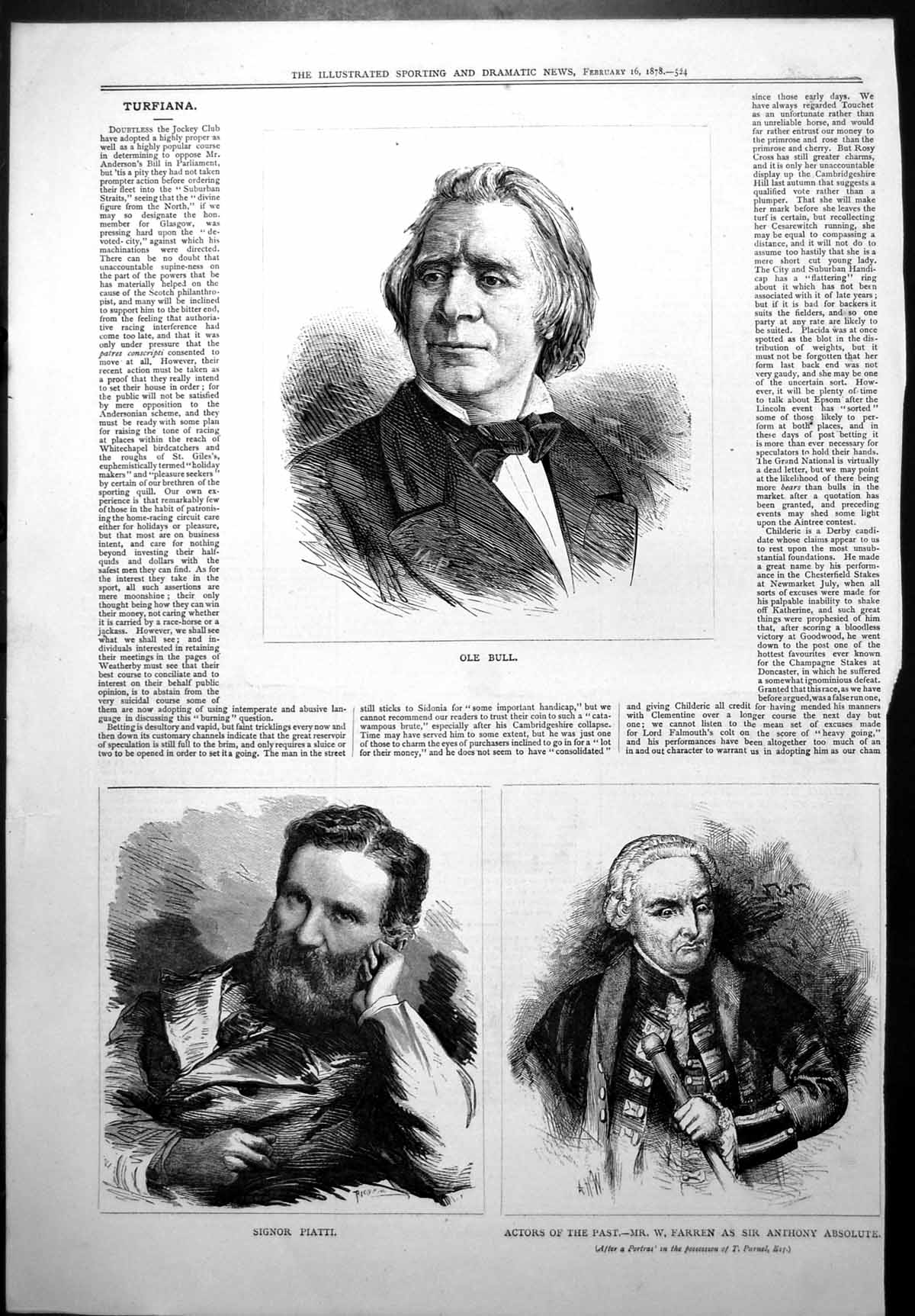 Old Print Ole Bull Signor Piatti Actor W Farren Sir Anthony Absolute 1878 19th