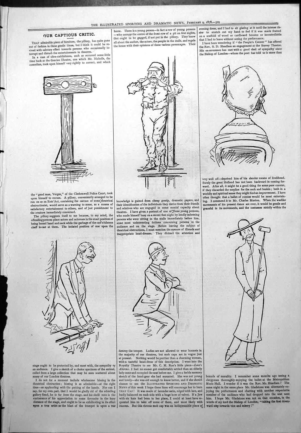 Old Print Captious Critic Pillory Offending Persons Place Actors Bound Hand1878