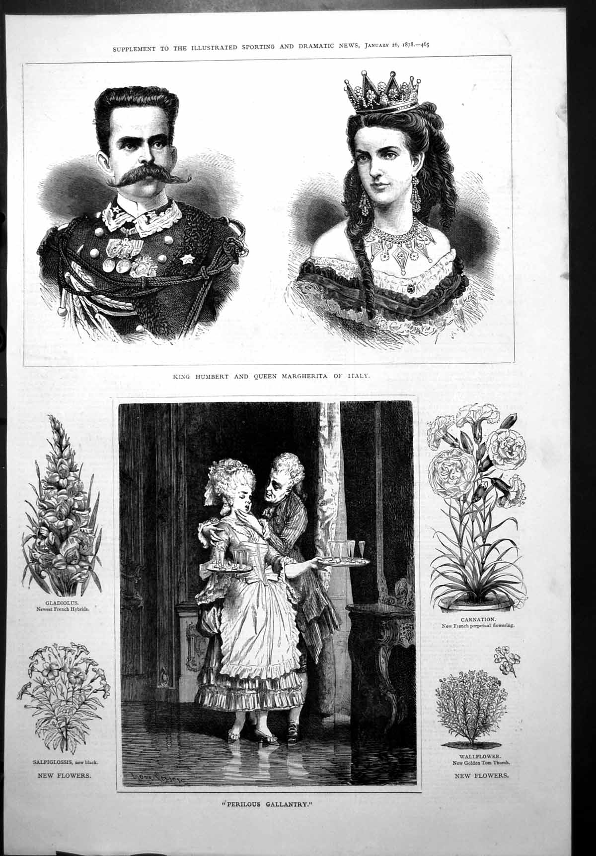 Antique Old Print King Humbert Queen Margherita Italy Perilous Gallantry 1878