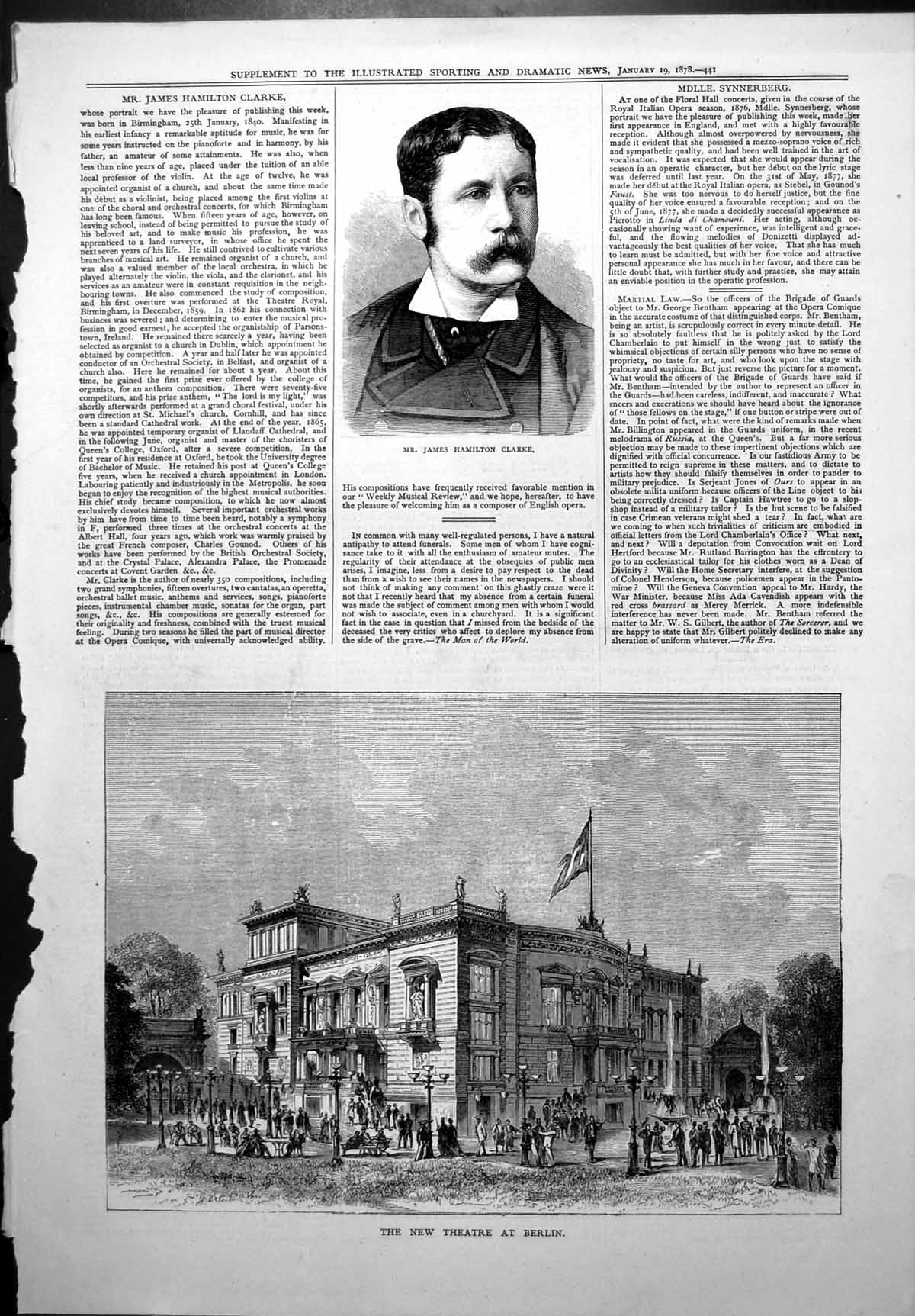 Original Old Antique Print Mr James Hamilton Clarke New Theatre Berlin 1878