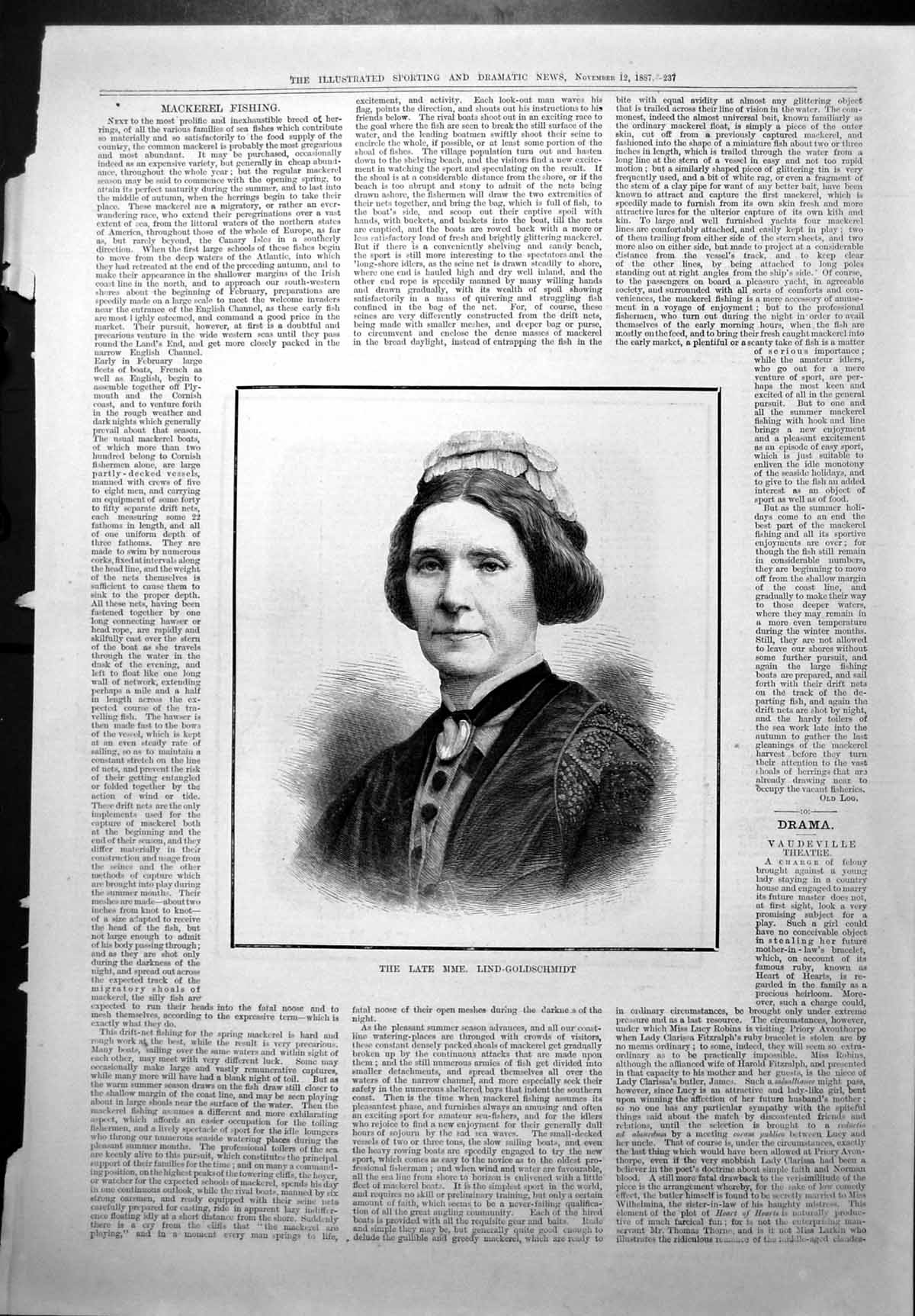 Original Old Antique Print Late Mme Lind-Gschmidt Famous Opera Singer 1887 19th