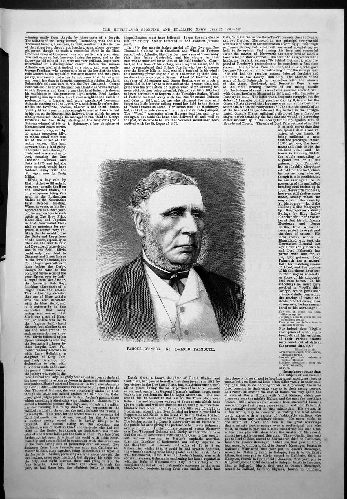 Original Old Antique Print Portrait Famous Horse Owner Lord Falmouth 1887 19th