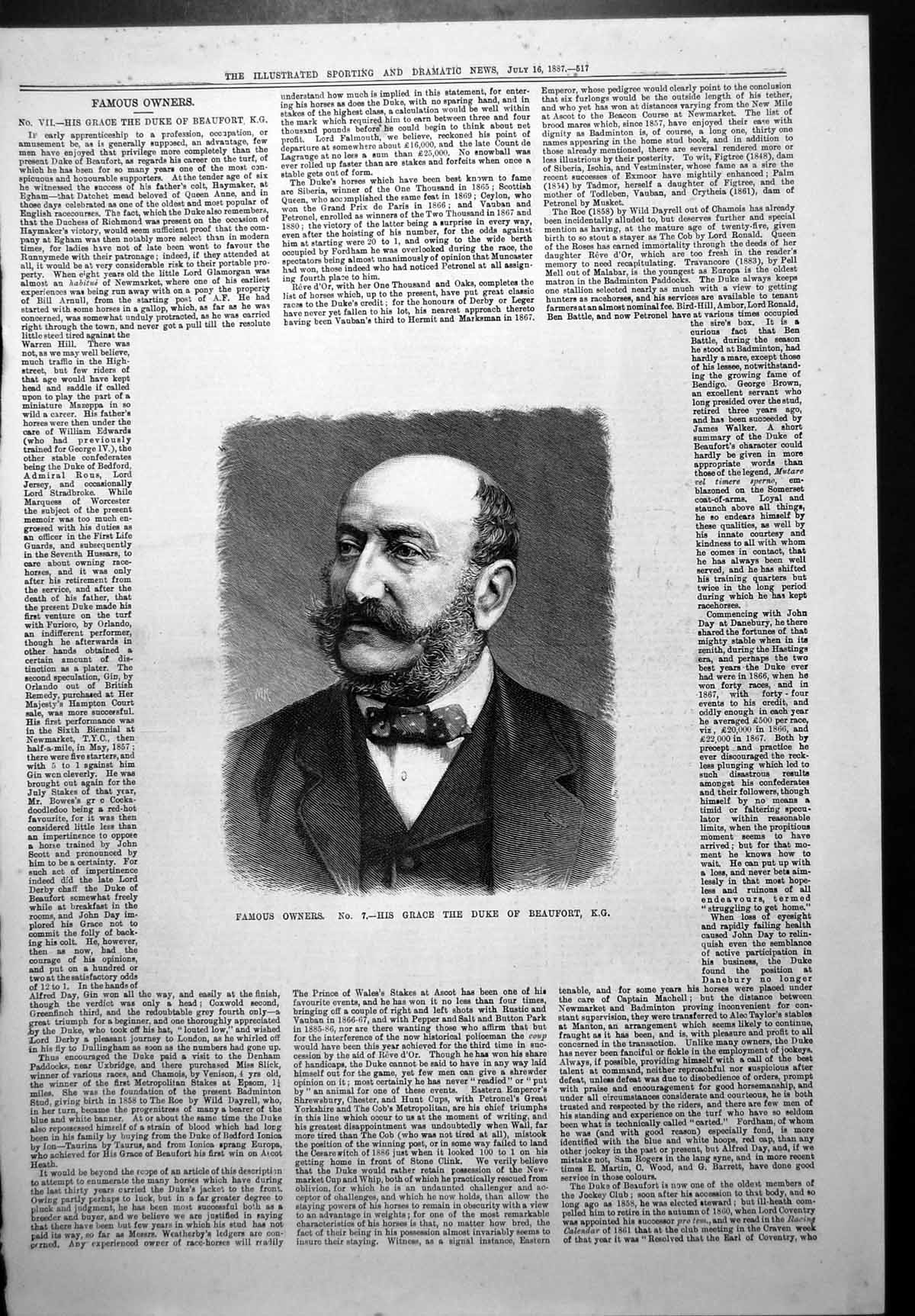 Antique Print Famous Horse Owner Portrait His Grace Duke Beaufort K G 1887 19th
