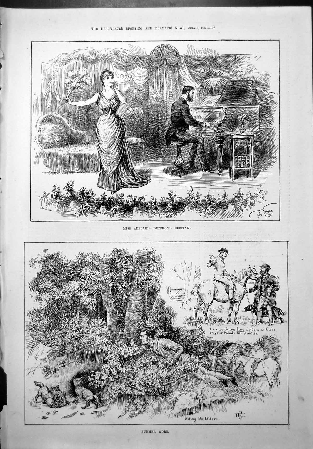 Antique Old Print Miss Adelaide Detchons Recitals Summer Work Cubs Woods 1887