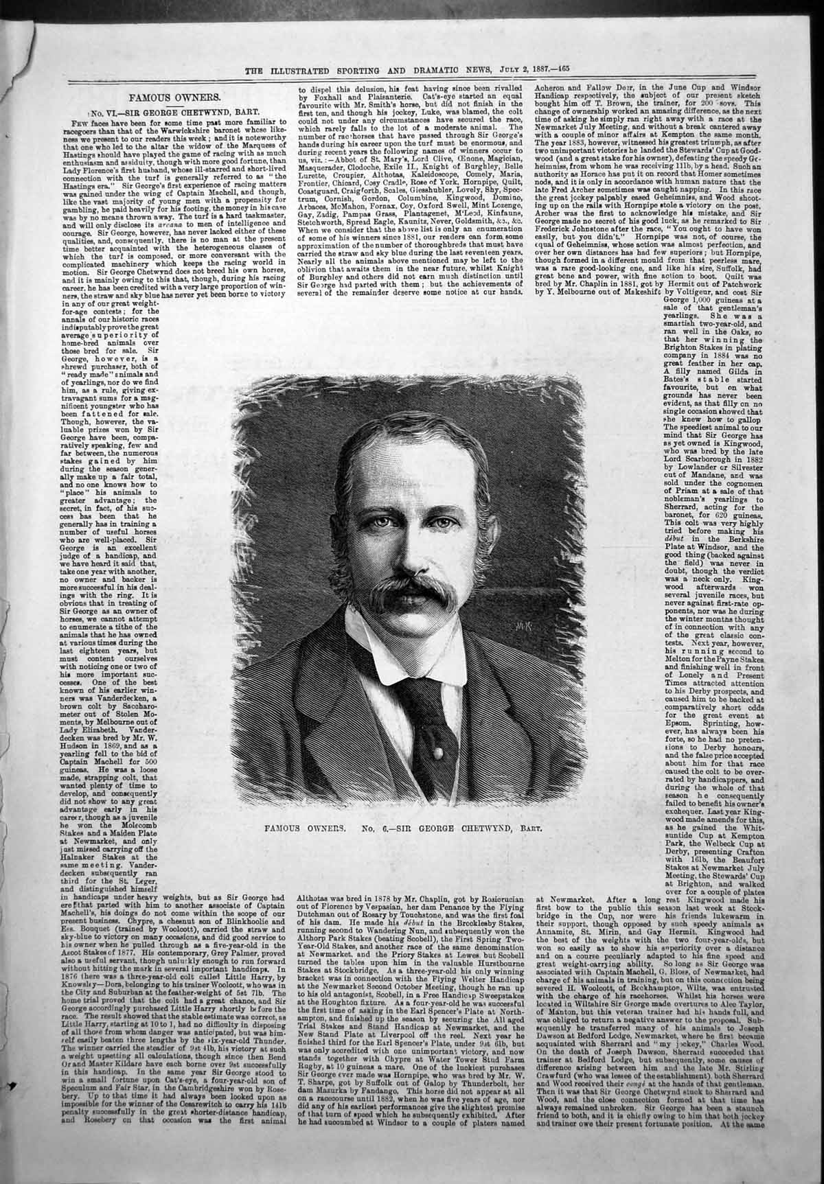Old Print Famous Horse Owner Warwickshire Baronet Sir George Chetwynd1887 19th