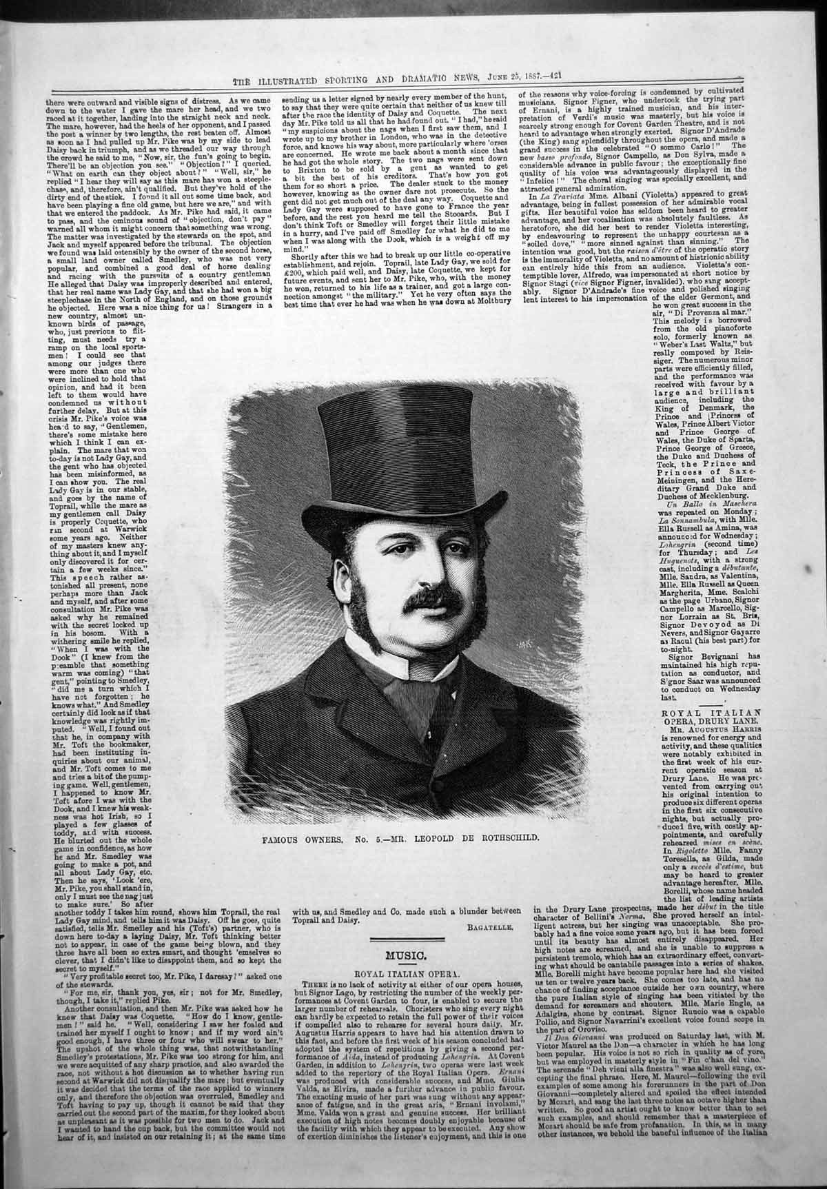 Original Old Antique Print Famous Horse Owner Mr LeopDe Rothschild 1887 19th