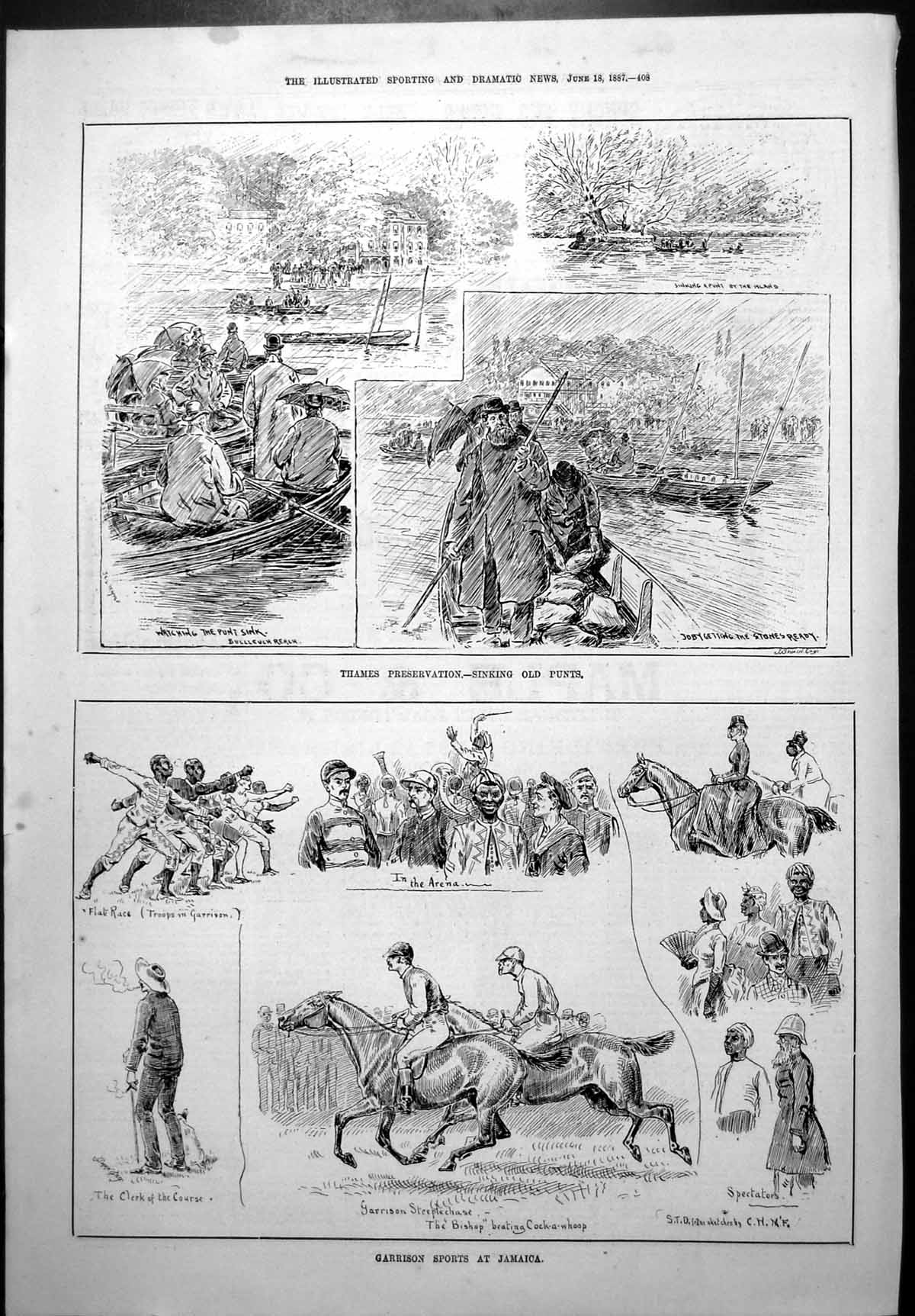 Old Print Thames Preservation Sinking Punts Garrison Sports Jamaica 1887 19th