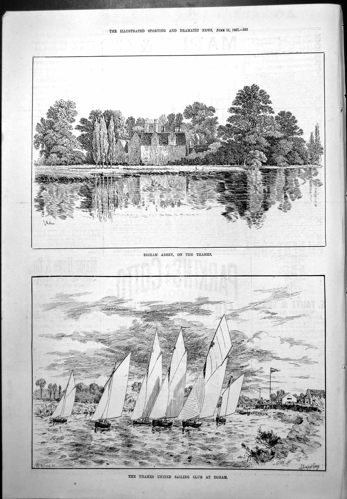 Antique Old Print Bisham Abbey Thames United Sailing Club Egham Wilson 1887
