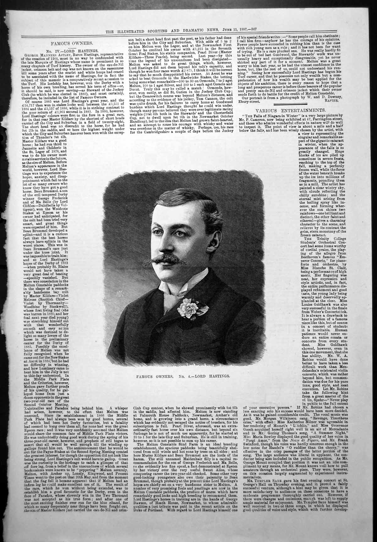 Antique Print Famous Horse Owner George Manners Astley Baron Hastings 1887 19th