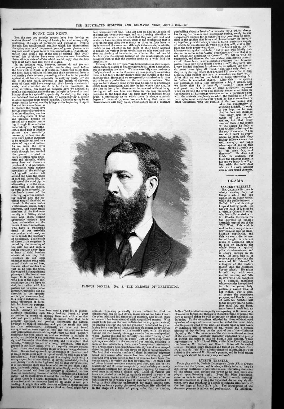 Original Old Antique Print Famous Horse Owner Marquis Hartington 1887 Victorian