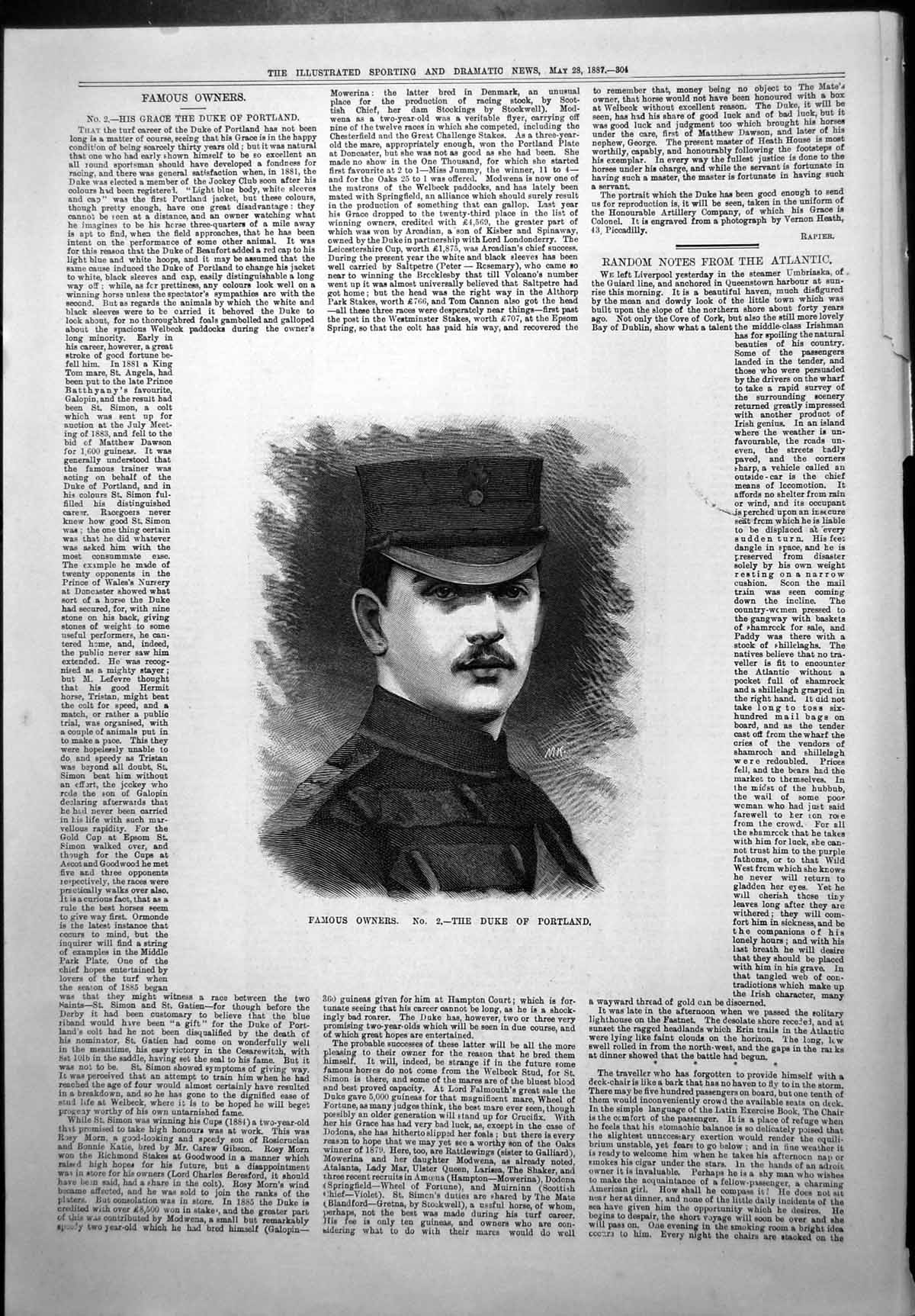 Antique Old Print Famous Horse Owner Duke Portland Member Jockey Club 1887 19th