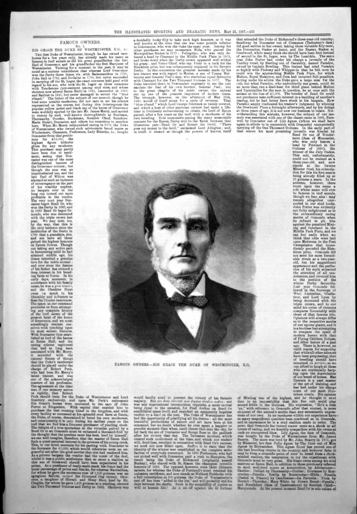 Old Antique Print Famous Horse Owner His Grace Duke Westminster K G 1887 19th