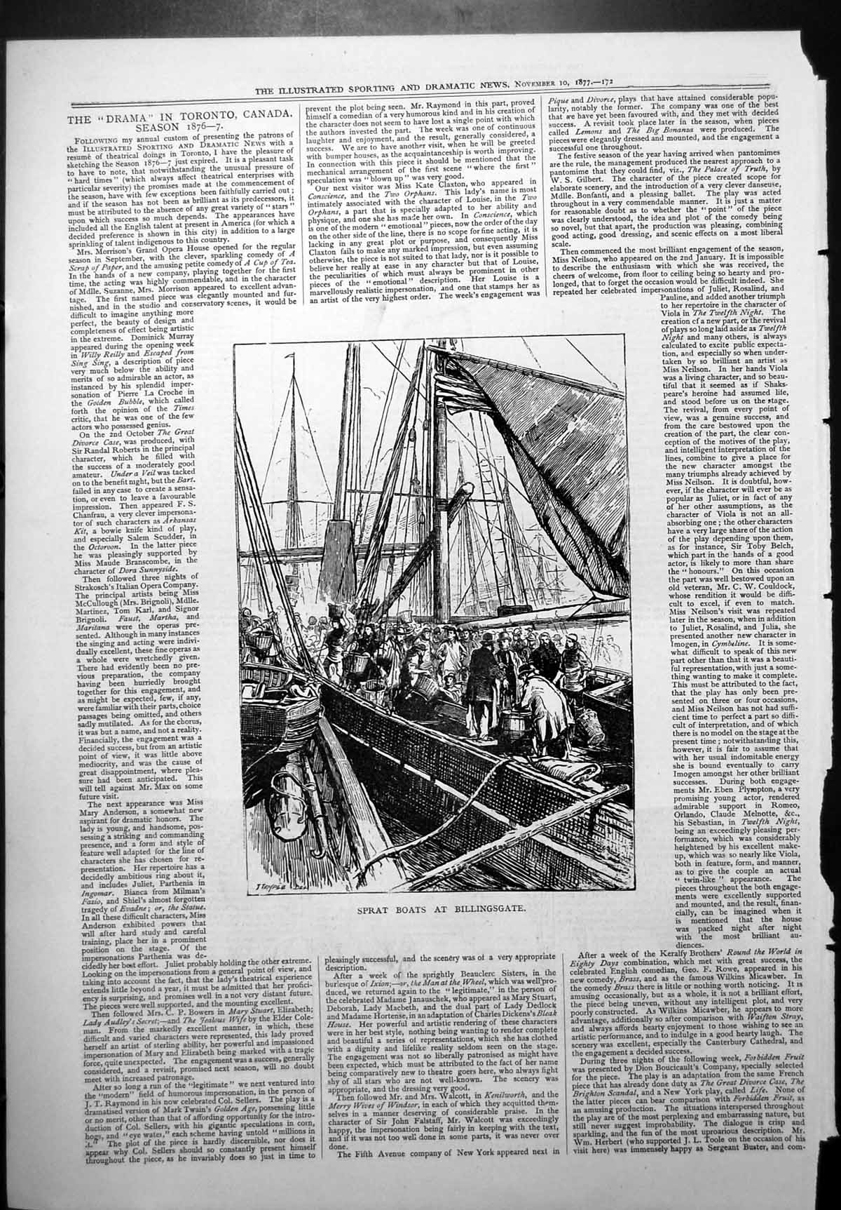 Antique Old Print Sprat Boats Billingsgate Temple Barrels Baskets Fish 1877